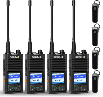 Retevis RB658 Walkie Talkie Bluetooth, APP-instelling, Groepsgesprek, 1800 mAh, USB C, IP54, Draadloze Kloon, Walkie Talkie met draadloze oortelefoon voor de detailhandel (4 Pack, Zwart)