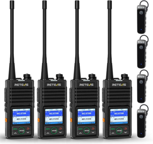 Retevis RB658 Walkie Talkie Bluetooth, APP-instelling, Groepsgesprek, 1800 mAh, USB C, IP54, Draadloze Kloon, Walkie Talkie met draadloze oortelefoon voor de detailhandel (4 Pack, Zwart)