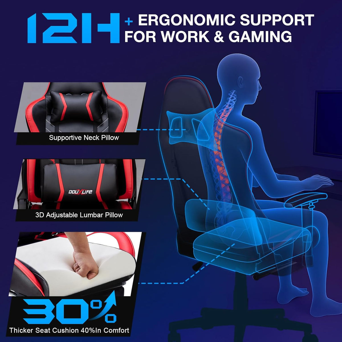 Douxlife Gaming Stoel, met 7-punts Massage, Ergonomische bureaustoel met Voetensteun, 90-175° Rugleuning Instelbaar, Verstelbare 2D-Armleuning, PC-gamerstoel, Bureaustoel, 180 kg, Zwart-rood