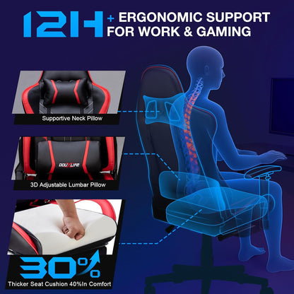 Douxlife Gaming Stoel, met 7-punts Massage, Ergonomische bureaustoel met Voetensteun, 90-175° Rugleuning Instelbaar, Verstelbare 2D-Armleuning, PC-gamerstoel, Bureaustoel, 180 kg, Zwart-rood