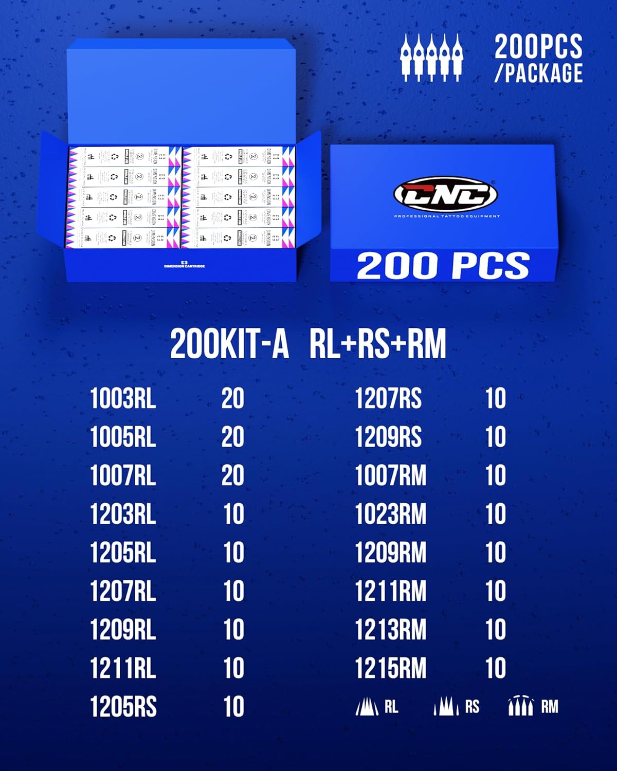 CNC Tattoonaaldenset, tattoo-cartridgenaalden, 200 stuks, diverse naalden met membraan RL RS RM gemengde patronen voor tatoeagebenodigdheden, EN04B-200KIT-A