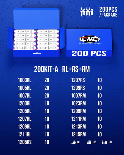 CNC Tattoonaaldenset, tattoo-cartridgenaalden, 200 stuks, diverse naalden met membraan RL RS RM gemengde patronen voor tatoeagebenodigdheden, EN04B-200KIT-A