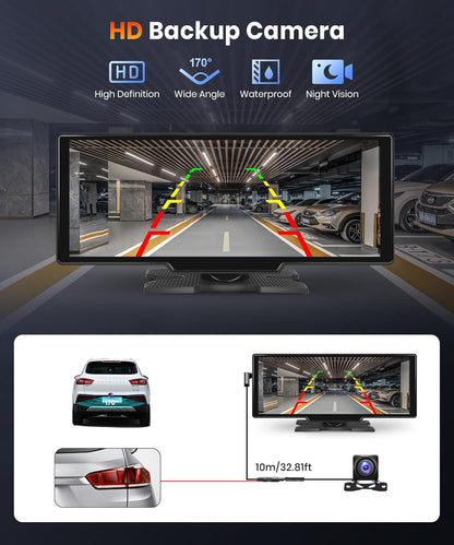 Podofo 10.26''draagbare autoradio touchscreen draadloos Carplay Android Auto Bluetooth/FM-zender/AUX Spraakassistent met achteruitrijcamera DC 7-32v