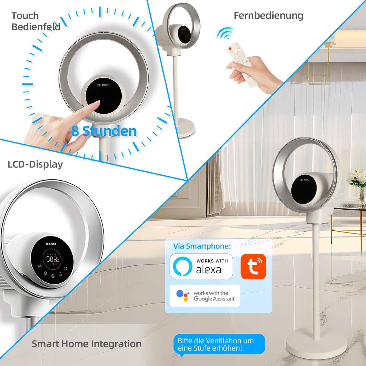 Be Cool Design staande ventilator met wifi: onzichtbare vleugel, ledverlichting, touch-bedieningspaneel + lcd, luchtreinigingsfunctie met luchtkwaliteitsindicatie, 35 W, 9 snelheden, wifi via Tuya-app