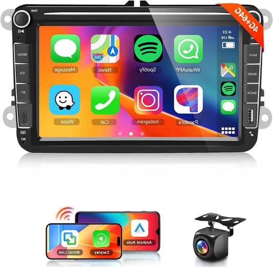4 + 64 G Hodozzy Carplay Car Radio for VW Passat Golf Seat Altea Skoda Octavia with USB/USB-C/GPS/WiFi, VW Car Radio 7 Inch 2 DIN Bluetooth with Android Auto/32 EQ/FM/RDS/SWC + Rear View Camera - QUORE