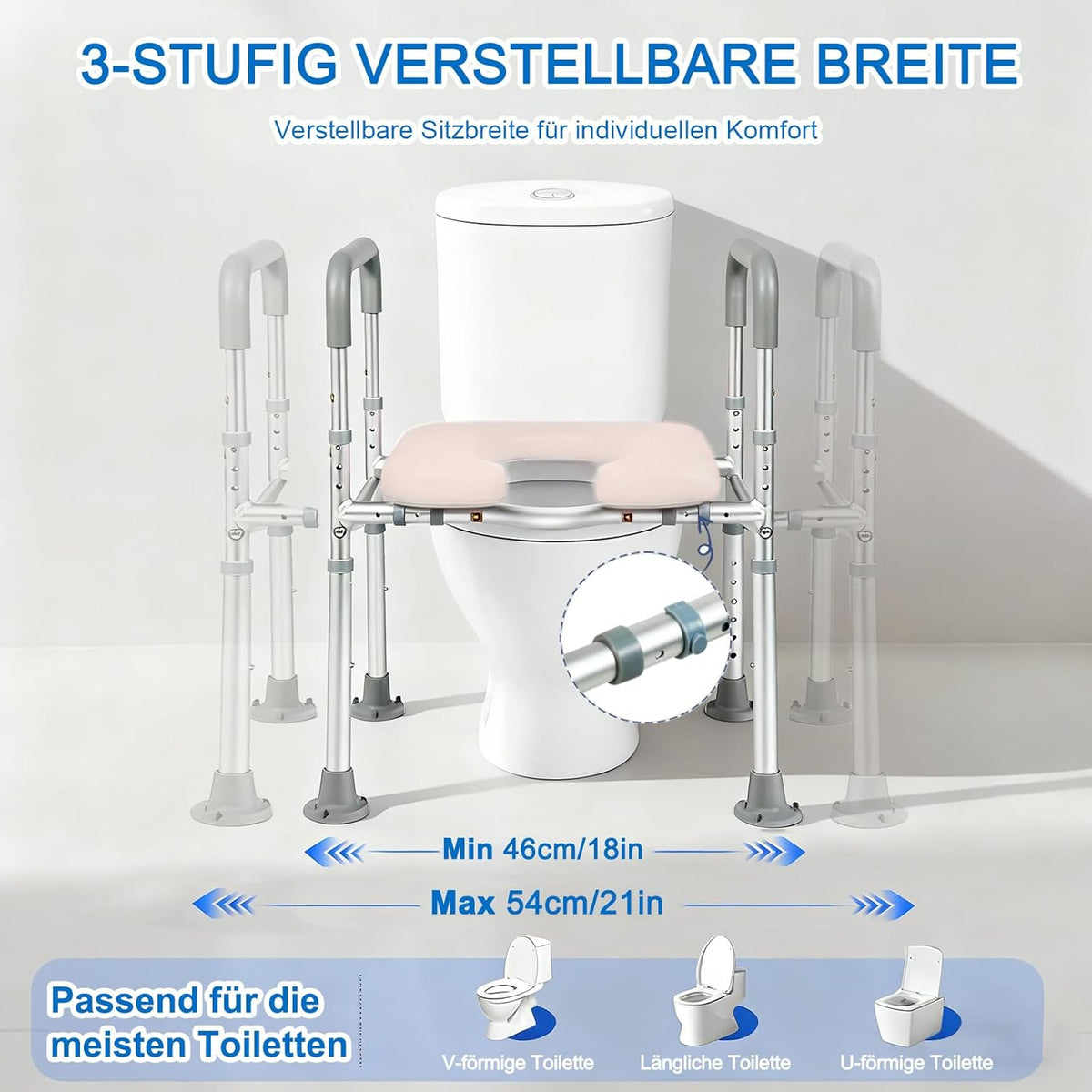 NJUN Toiletbrilverhoging met armleuningen, in hoogte verstelbaar, 66-84 cm, toiletbrilverhoger met gevoerde zitting en aluminium frame, wc-zitverhoging, toiletten, opstahulp voor senioren