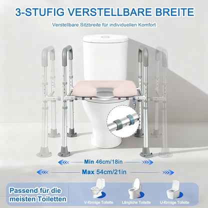 NJUN Toiletbrilverhoging met armleuningen, in hoogte verstelbaar, 66-84 cm, toiletbrilverhoger met gevoerde zitting en aluminium frame, wc-zitverhoging, toiletten, opstahulp voor senioren