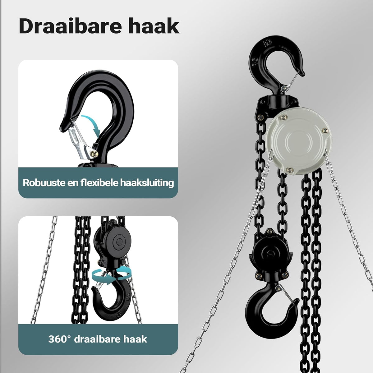 Wiltec hijstakel 5 ton x 3 meter, krachtige mini takel voor het hijsen van lasten, handmatige kettingtakel VSK-5 voor 5000 kg werklast, takel met 2 haken