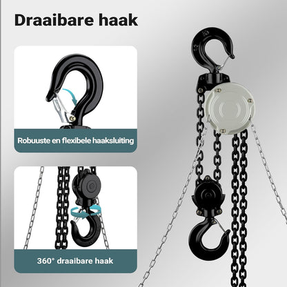 Wiltec hijstakel 5 ton x 3 meter, krachtige mini takel voor het hijsen van lasten, handmatige kettingtakel VSK-5 voor 5000 kg werklast, takel met 2 haken