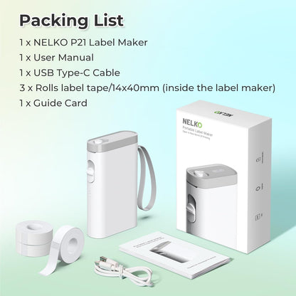 Nelko P21 Draagbare Bluetooth-labelmaker, draadloze stickerprinter met meerdere sjablonen voor thuiskantoororganisatie en opslaglocatie, met 3 rollen thermische tape (14 x 40 mm), wit