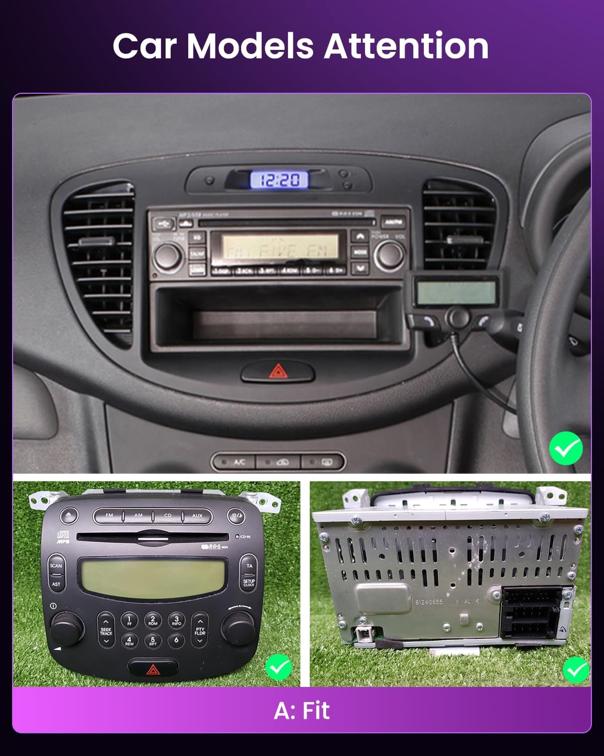 4+64G Android 15 autoradio voor Hyundai i10 2007-2013 met draadloze CarPlay Android Auto, 9-inch scherm, ondersteunt FM, RDS, 32EQ, GPS, Bluetooth, WiFi, SWC, AHD en achteruitrijcamera.