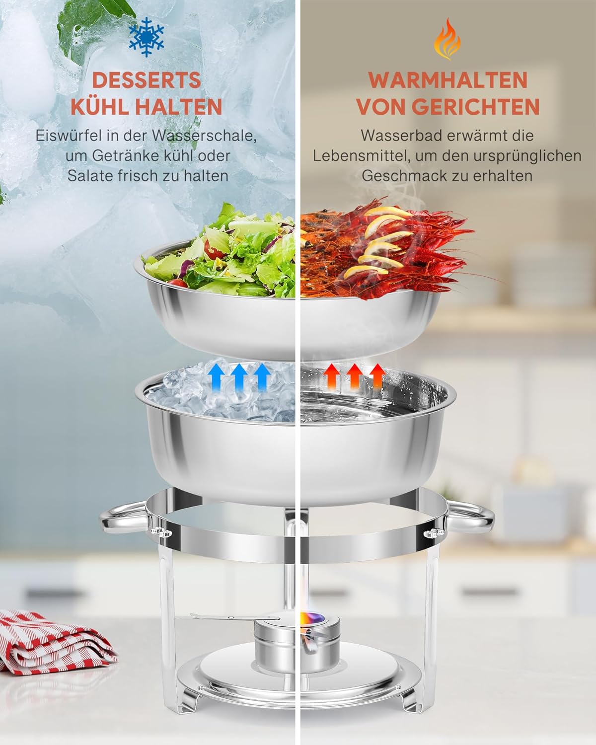 Wilprep Chafing dish rond met glazen deksel, Buffet set van 2, RVS voedselwarmer kit 5,5 liter, Bain Marie met brandpasta houder, voor partijen buffetten banketten diners