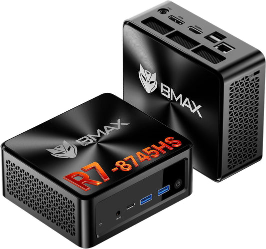 BMAX B8APro Mini-pc, AMD Ryzen 7 8745HS (8 cores, tot 4,9 GHz), 16 GB DDR5, 512 GB PCIe 4.0 SSD, Radeon 780M graphics, 8K, Triple Display, TPD 45W, WiFi 6, BT, 2.5G LAN mini-computer gaming/kantoor