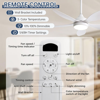 Sofucor Plafondventilator met verlichting en afstandsbediening, 5 vleugels, DC, timer, 3 kleurtemperaturen, 6 snelheden, zomer winterwerking, stille witte plafondventilator met licht
