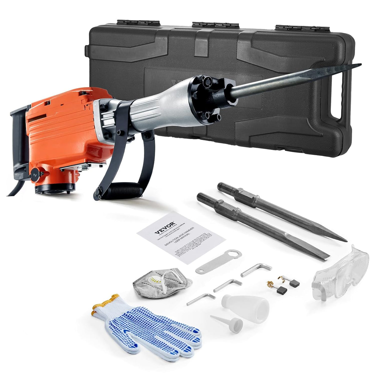 VEVOR Powerful concrete breaker 2200 W, 1-1/8 inch / 28.6 mm electric bridge hammer, drill hammer concrete hammer 1400 BPM, incl. point sizes, flat blades, for sliding, concrete, etc