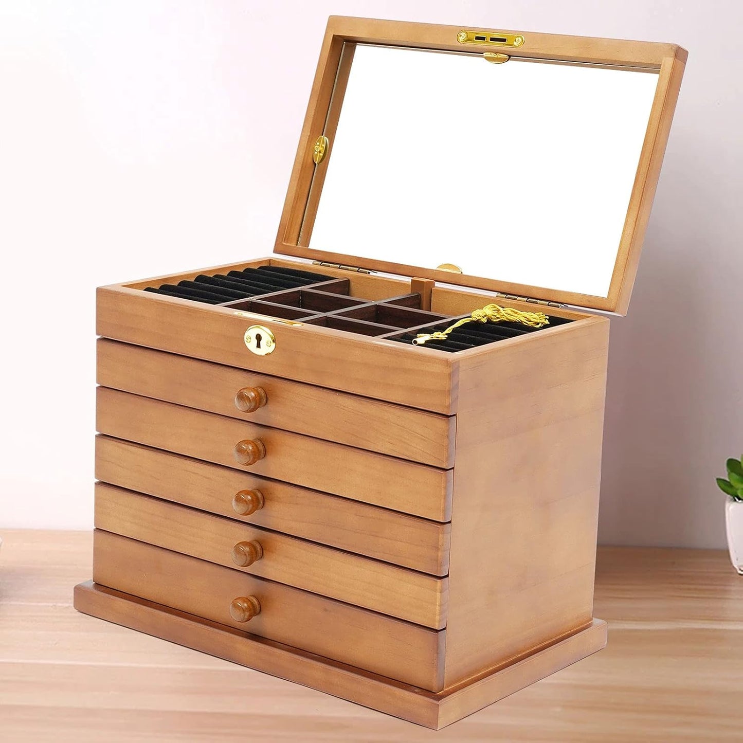OUKANING 6 Layers Jewelry Box Wood Vintage Jewelry Box with Drawers, High Quality Hinges and Refined Handles, Freestanding Jewelry Box, Gift (Brown, With Mirror+Key Lock) - QUORE