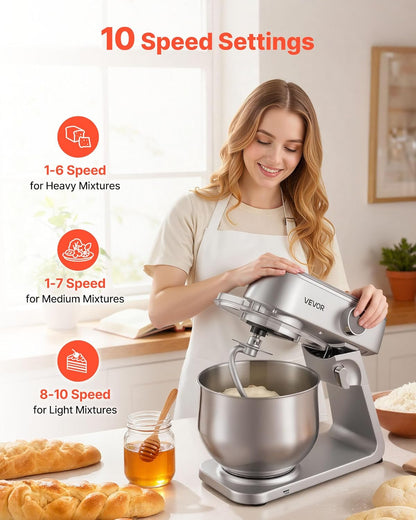 Keukenmachine – Keukenmixer – Keukenrobot – Foodprocessor – Mixer – 7,4L RVS Mengkom – 1800W Motor – 10 Snelheden – Inclusief Deeghaak, Garde En Platte Mengklopper