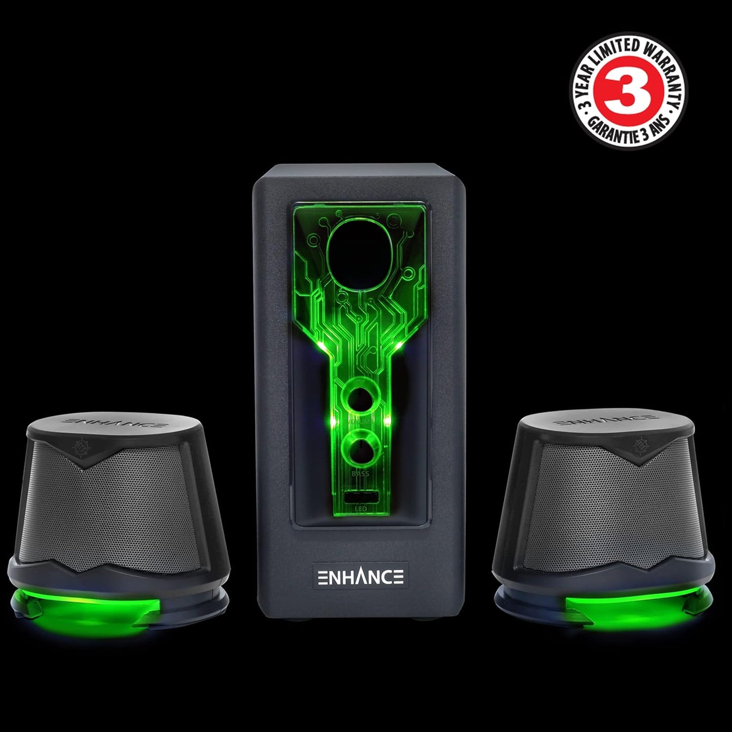 ENHANCE SB 2.1 Computerluidspreker met subwoofer – groene led-gamingluidspreker, high-excursie-geluidssysteem, AC-voeding, volume- en basregeling, compatibel met gaming-pc, desktop, laptop