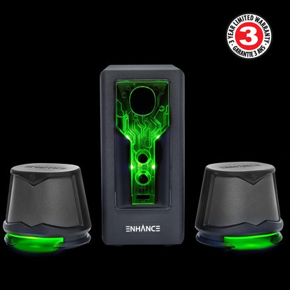 ENHANCE SB 2.1 Computerluidspreker met subwoofer – groene led-gamingluidspreker, high-excursie-geluidssysteem, AC-voeding, volume- en basregeling, compatibel met gaming-pc, desktop, laptop