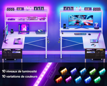 Coleshome Gaming tafel L-vorm met led en stopcontacten, 135 × 100 cm omkeerbaar gamingbureau met legplanken, hoekbureau met opbergtas voor thuiskantoor en gaming, wit