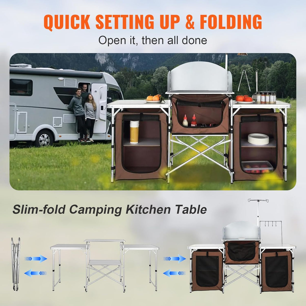VEVOR Snelle installatie voor picknick, BBQ, RV reizen, ontworpen hout aluminium, bruin, 3 kasten