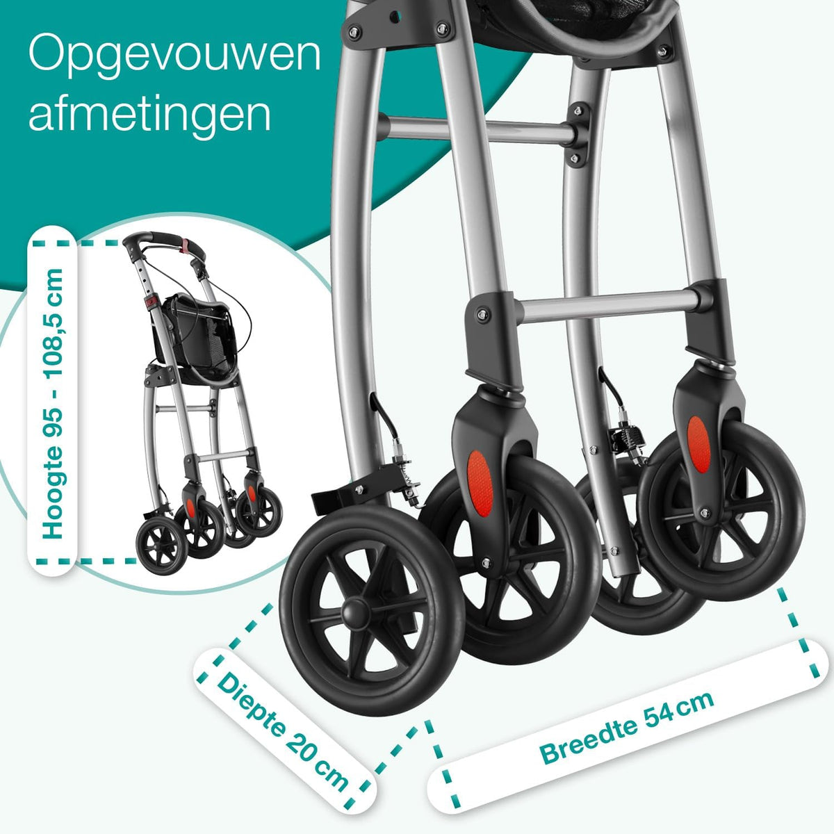ELONEO Lichtgewicht Rollator voor Binnen - 54 cm Breed, Opvouwbaar Looprek met Dienblad en Stoffen Mandje, Smalle Rollator van Aluminium, Inklapbaar Mobiliteitshulpmiddel, Zilver