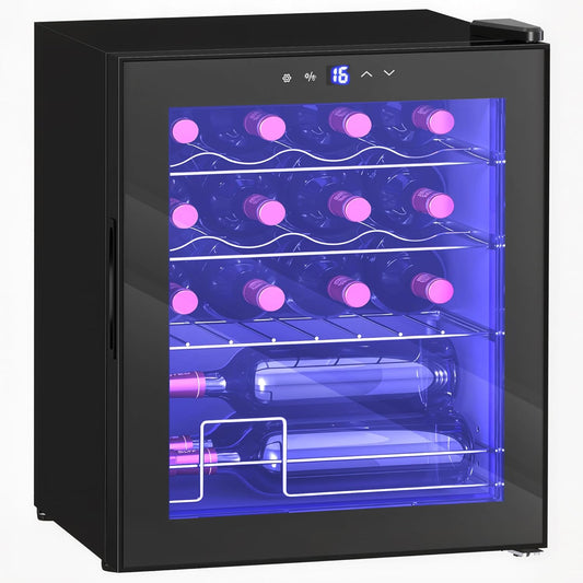 Wijnkoelkast – Wijnklimaatkast – Flaschenkühlschrank – Drankkoelkast – Vrijstaande Wijnkoeler – 16 Flessen – Temperatuurbereik 5-18 °C met Touchscreen – UV-beschermende Glazen Deur met LED-verlichting