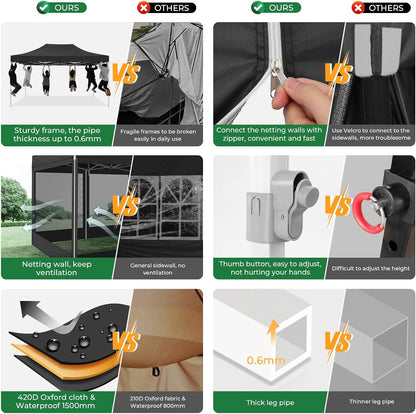 COBIZI Paviljoen, 3 x 4,5 cm, vouwpaviljoen, 3 x 4,5 m, waterdicht, stabiel, met 4 zijwanden, muggennet, partytent, opvouwbaar, pop-up tuinpaviljoen, anti-uv, voor tuin, zwart