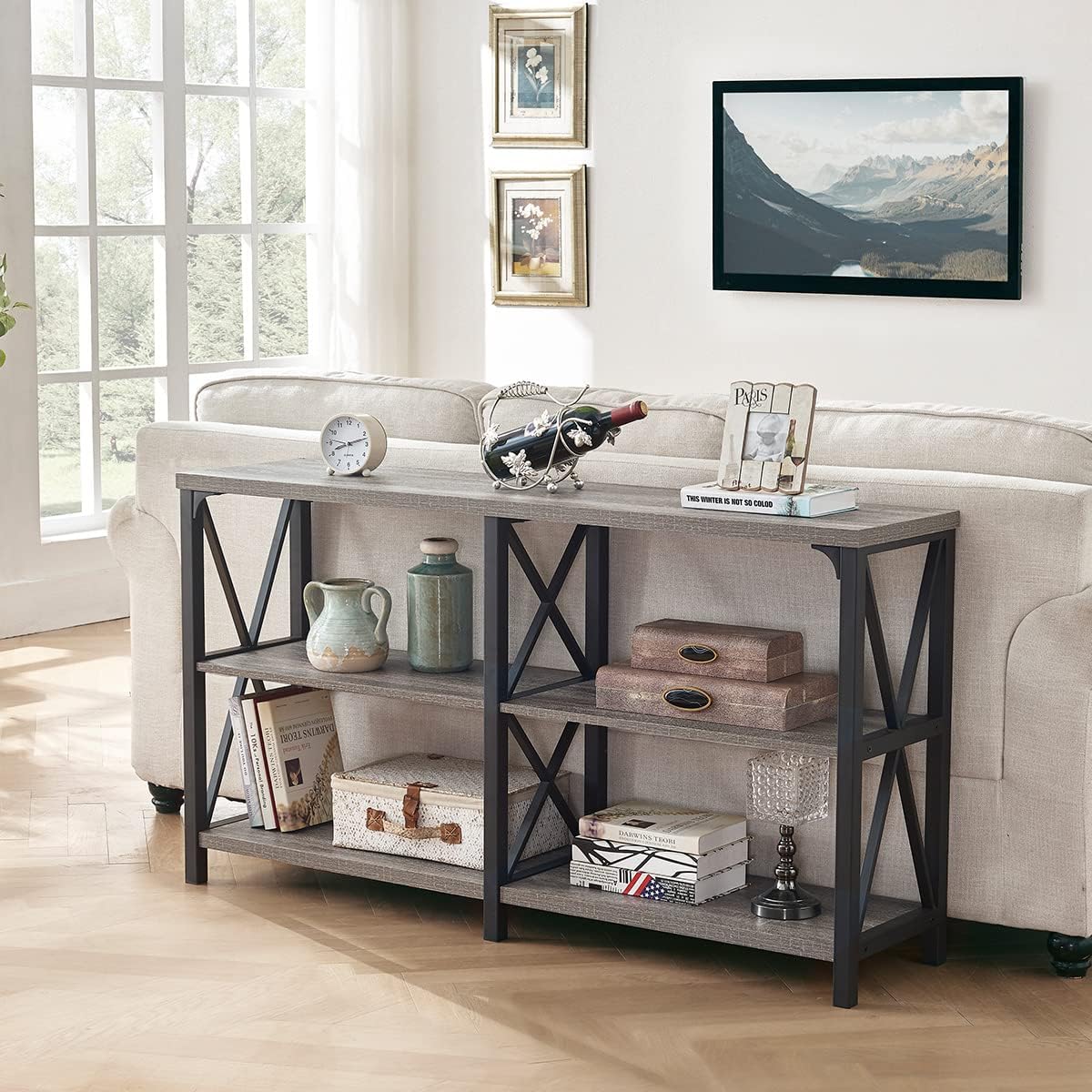 LVB Rustieke banktafel, boerderij consoletafel voor woonkamer, hal entryway tafel met opslag, entree tafel voor foyer, 55 inch grijs eiken