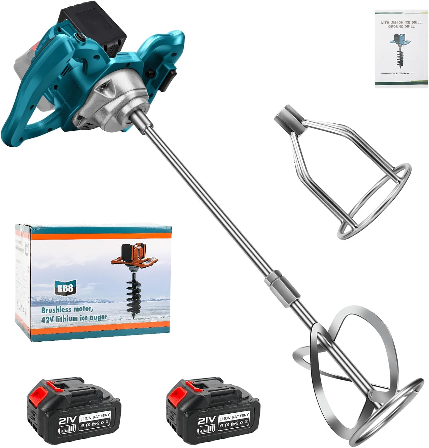 Accu-kleurmortelmixer met 2 batterijen, kleurmortelmixer, 1200 W roerwerk, 6 versnellingen, cementmixer, vergrendelbare schakelaar, ergonomisch, industriële mixer voor verf, gips, cement, mortel