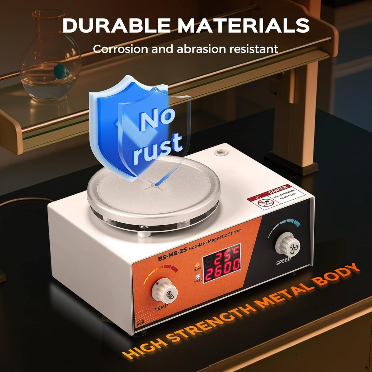 Bonviosin Magneetroerder, verwarmingsplaat, digitaal display, 2 liter, 700-2600 rpm, laboratoriummixer, 100 graden Celsius, met buigbare sensor-steunstaaf, 120 x 120 mm, magneetroerder, mixer, 180 W