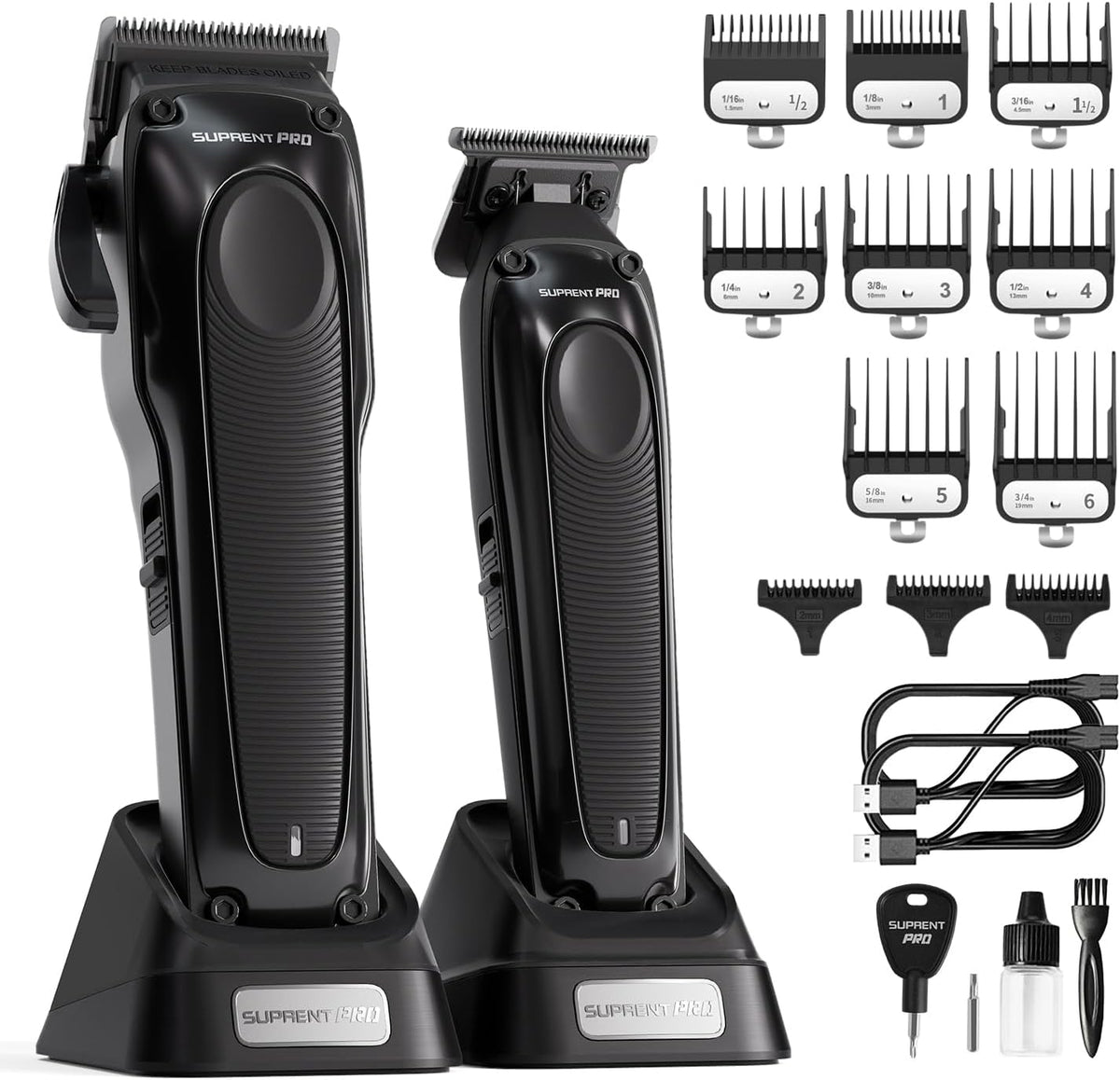 SUPRENT PRO Professionele Tondeuse voor Mannen - DLC Gecoat Mes Met Power Compensator Motor - Premium Set voor Kappers Met Oplaadbasis