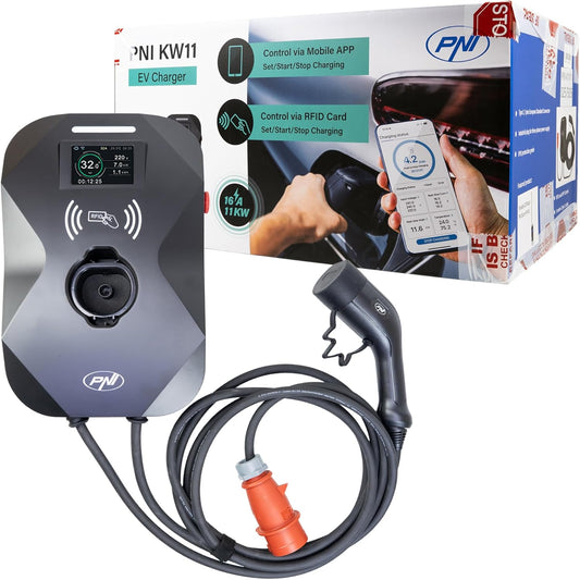 PNI KW11 16A, 11KW laadstation, voor elektrische auto's, 85V - 415V, 7-pins Type2-kabel, 3,5 inch scherm, met Bluetooth, laadactivering via app en RFID-kaart, IP55