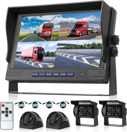 Hodozzy 4 Rear Cameras for 9 Inch 4-Piece Display, Reversing Camera Cable, Walk Recording, IR Night Vision, IP68 Waterproof, for Truck/Trailer (12V-36V) - QUORE