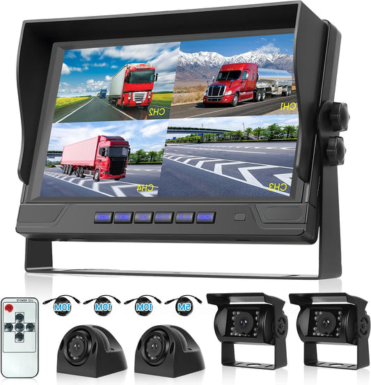 Hodozzy 4 Rear Cameras for 9 Inch 4-Piece Display, Reversing Camera Cable, Walk Recording, IR Night Vision, IP68 Waterproof, for Truck/Trailer (12V-36V) - QUORE