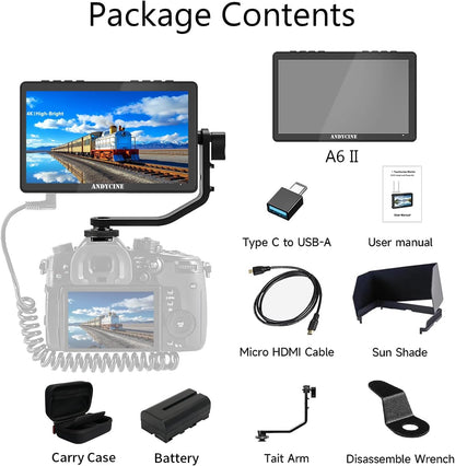 ANDYCINE A6 II 5.5 inch Camera Monitor, 1600 Nit 4K 60Hz HDMI HDR Touch Screen, 1920x1080P FHD DLSR Video Field Monitor, Support Waveform 3D LUT Peaking Focus (with Battery, Carry Case) - QUORE