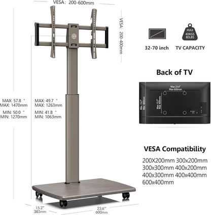 Fitueyes Tv-vloerstandaard, rolbaar, met houten plank, tv-standaard met wielen, in hoogte verstelbaar, draaibaar, voor 32 tot 70 inch (81 - 180 cm) flatscreen, tot 40 kg Maximaal VESA: 400 x 600 mm.