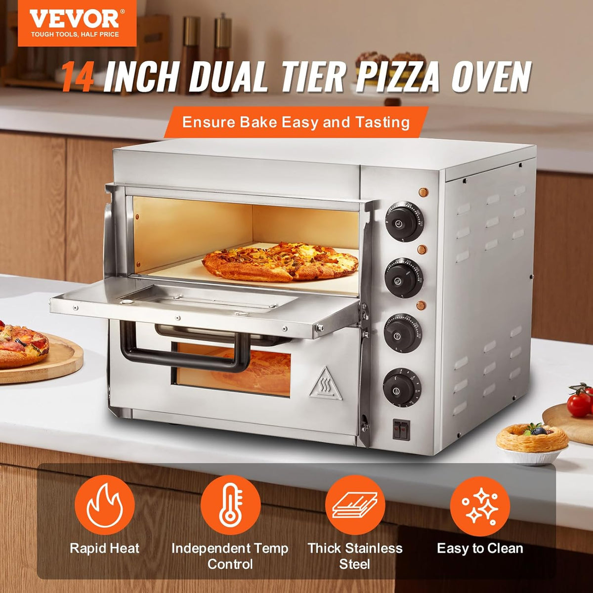 VEVOR Elektrische pizzaoven, 35 cm, elektrische oven, 2 pizzaplanken van roestvrij staal met pizzasteen, multifunctionele pizzaoven voor binnen, restaurant, koken, thuis, keuken