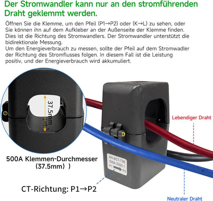 Energiemonitor met 3 x 500 A stroomcircuitsensoren, Smart Home Power Monitor volgt de stroom in real-time, wifi-teller zonne-/nettometing, energieautomatisering en -besturing in het huishouden