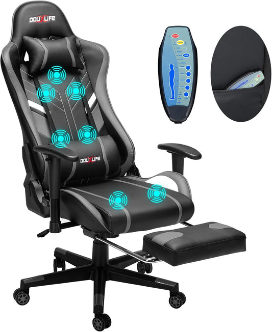Douxlife Gaming Stoel, met 7-punts Massage, Ergonomische bureaustoel met Voetensteun, 90-175° Rugleuning Instelbaar, Verstelbare 2D-Armleuning, PC-gamerstoel, Bureaustoel, 180 kg, Grijs