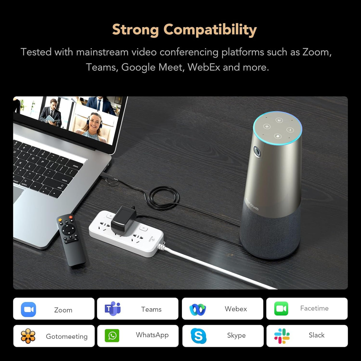Nuroum C46 4K conferentiewebcam met microfoon en luidspreker, 8 MP CMOS/120 ° FOV/5x Zoom/AI Auto Framing, 4,9 m Voice Pickup Videoconferentie Camera Speakerphone, voor Zoom/Teams/GoogleMeet