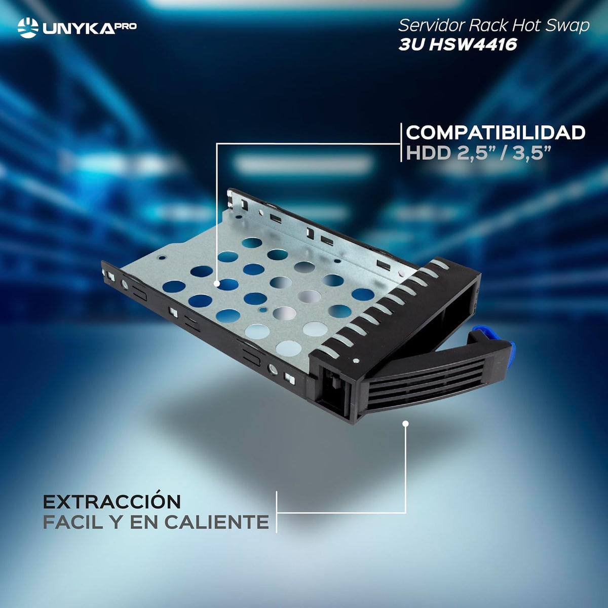 UNYKAch HSW4416 ATX 19" 3U Hot Swap Rack-behuizing (HSW4416 ATX), 16 x 3,5 inch of 2,5 inch schijfbays, 4 x 80 mm ventilatoren, 2 x 60 mm, 1 x USB 2.0, 1 x USB 3.0