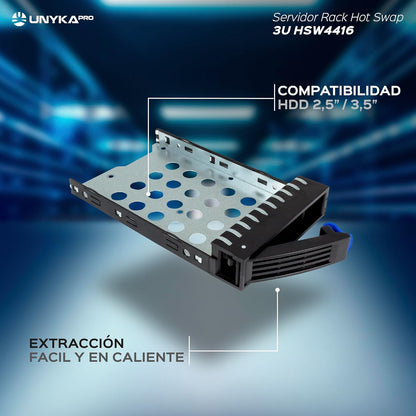 UNYKAch HSW4416 ATX 19" 3U Hot Swap Rack-behuizing (HSW4416 ATX), 16 x 3,5 inch of 2,5 inch schijfbays, 4 x 80 mm ventilatoren, 2 x 60 mm, 1 x USB 2.0, 1 x USB 3.0