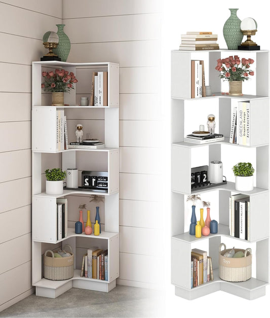 uyoyous 6 Tier Wooden Corner Bookcase, 175cm White Vertical Corner Cabinet, 90° Corner Cabinet Bedroom Large, Heavy Duty Shelf Corner Shelf, for Bedroom, Study, Living Room, Office - QUORE
