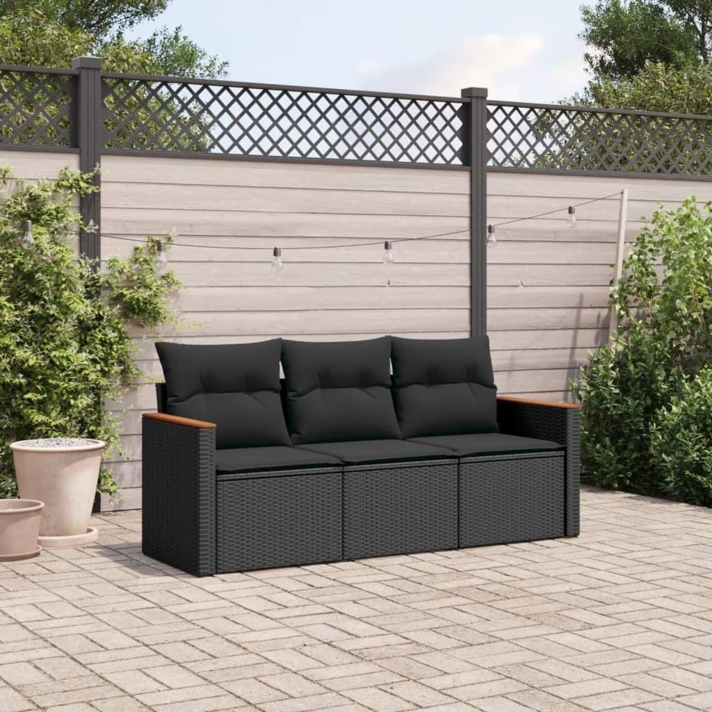 Garden Bench Set of 3 Polyrattan Garden Bench Cushion Black Polished Planed Garden Bench Indoor Outdoor Armchair Sofa Patio Bench - QUORE