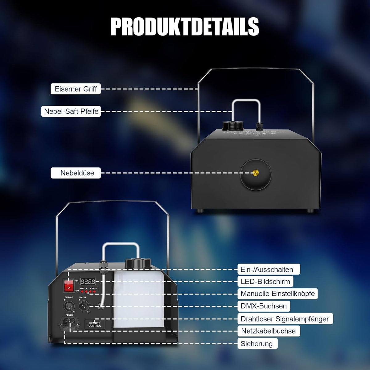 1500 W DMX rookmachine met draadloze afstandsbediening en timer, professionele outdoor rookmachine voor bruiloft, podium, DJ, feesten, Halloween, concerten en evenementen