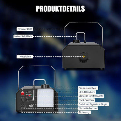 1500 W DMX rookmachine met draadloze afstandsbediening en timer, professionele outdoor rookmachine voor bruiloft, podium, DJ, feesten, Halloween, concerten en evenementen