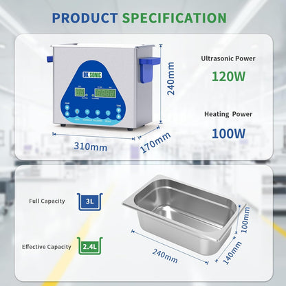 DK SONIC 3L 120W Ultrasoon Reiniger, Juweel Reiniger met Verwarming & Timer, Digitale Bediening voor Juweel, Brillen, Kettingen, Horloges (Inclusief Mandje)