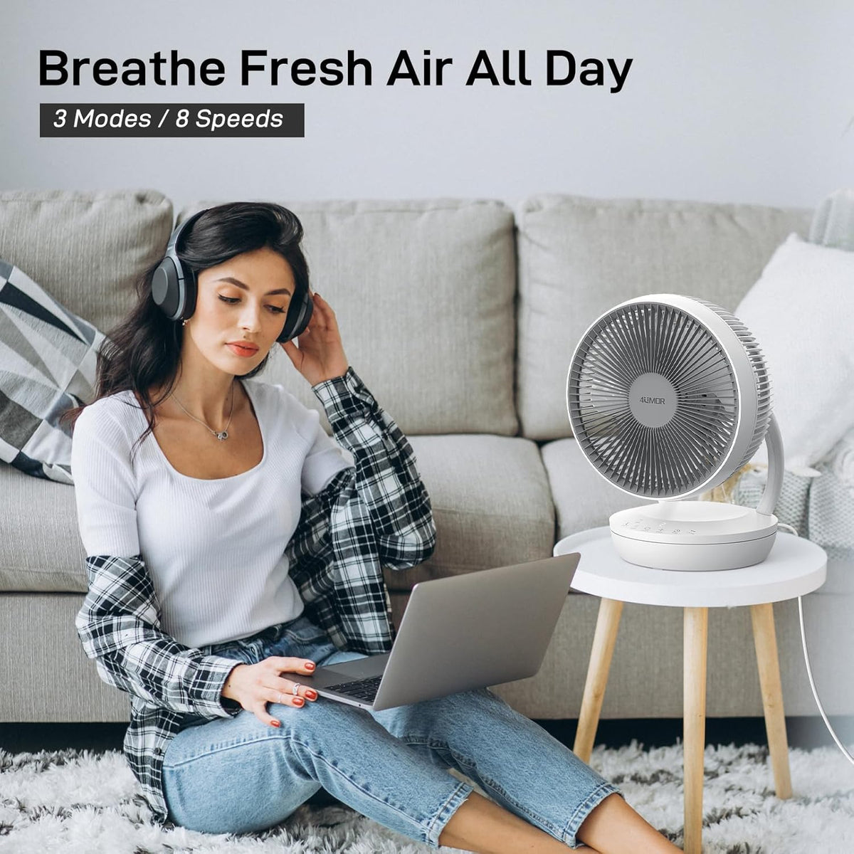4UMOR Bureauventilator, elektrische koelventilator, oscillerende luchtcirculator, 20 dB, stille ventilator voor slaapkamers, energiezuinige, krachtige turbowind, afstandsbediening, 8 snelheden,