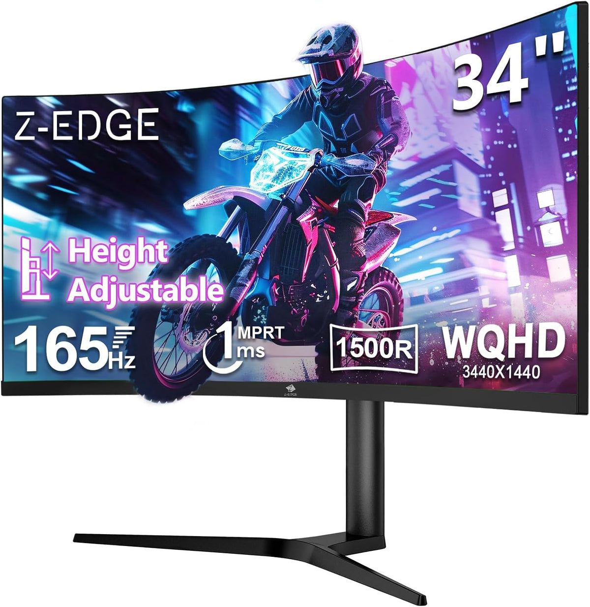 Z-Edge Gaming Monitor Curved 34'', 165Hz, UWQHD(3440x1440), 1ms MPRT, Height & Incline Adjustable, 21:9 with DP Cable, FreeSync, 1500R VA, 300cd/m², 2*HDMI2.0 & 2*DP1.4, RGB, VESA 3.937 * 3.937 * 3.9 937 in